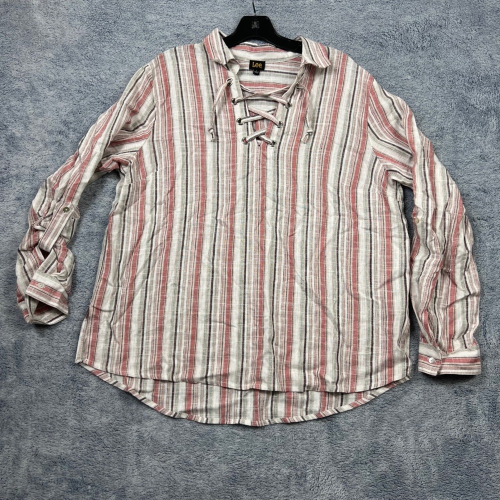 Lee Womens Large Red Striped Lace Up V-Neck Roll Tab Sleeve Linen Blend Top